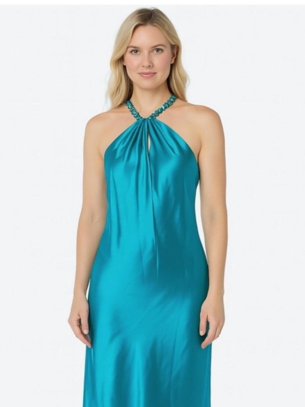 Jason wu silk blend teal halter chain maxi dress perfect for a wedding